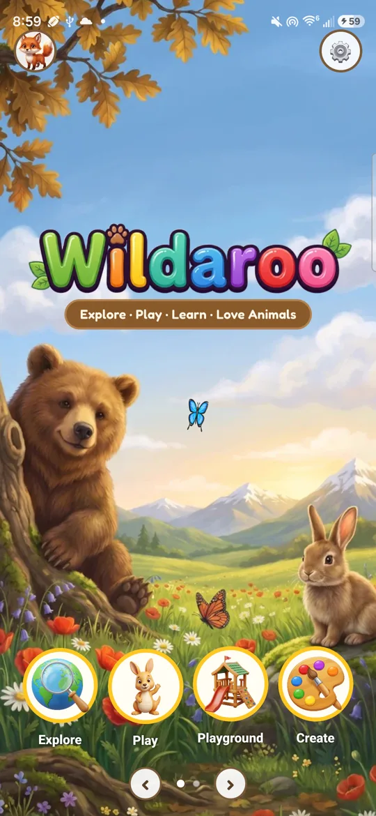 Wildaroo home screen: Explore, Play and Create buttons over a green meadow