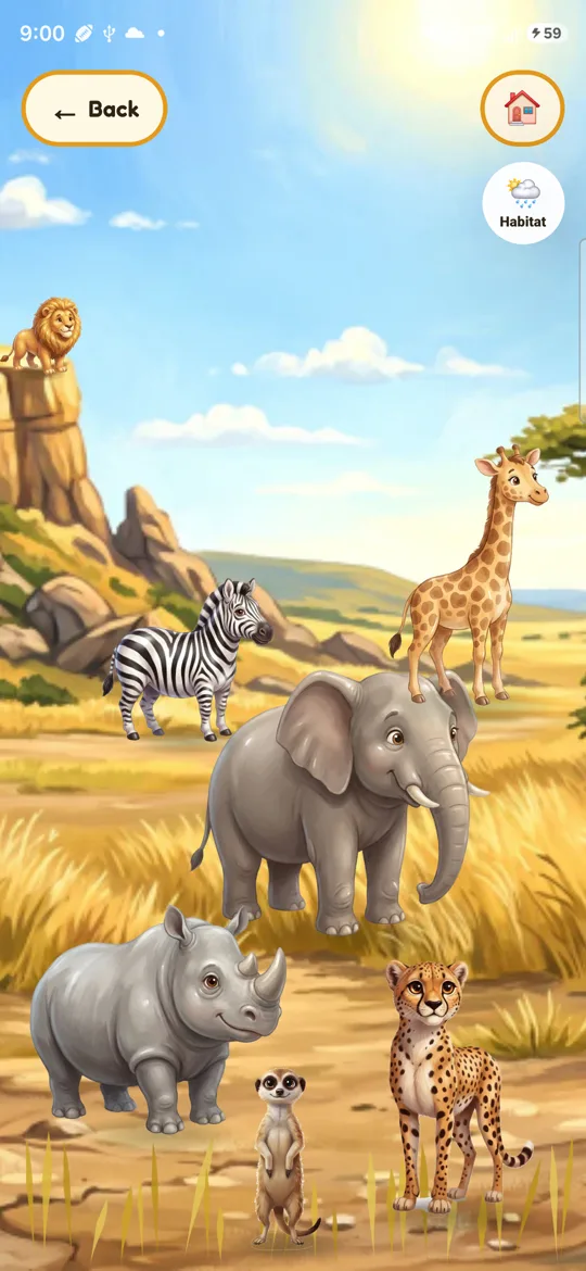 Savanna habitat with elephant, giraffe, lion and zebra